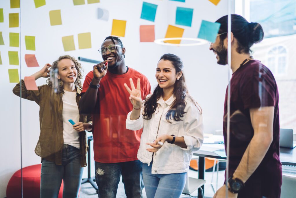 Group discussing ideas in a modern office