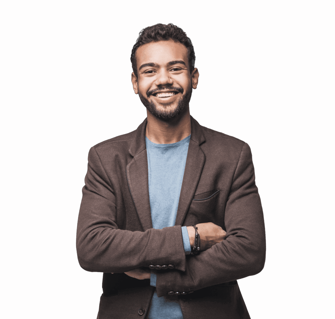 Happy male wearing a blazer and blue shirt